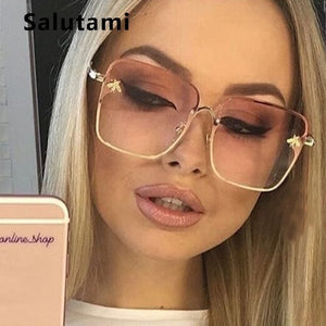 Retro Square Bee Sunglasses Women Brand Designer Metal Frame Oversized Sun Glasses Fashion Men Gradient Shades Oculos UV400